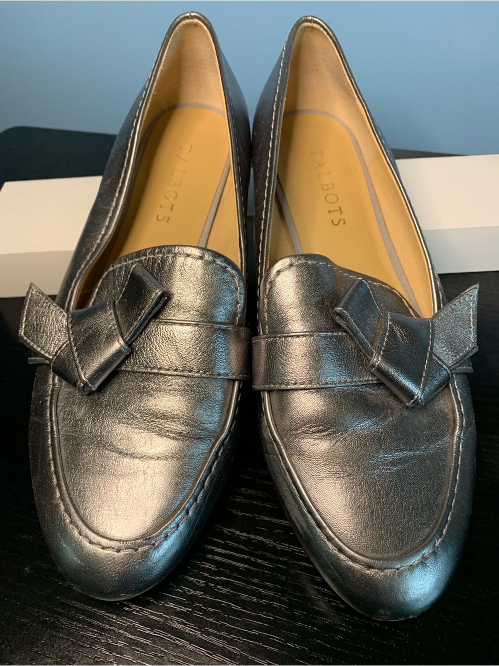 Talbots Metallic Silver Leather Loafers with Bow Accent